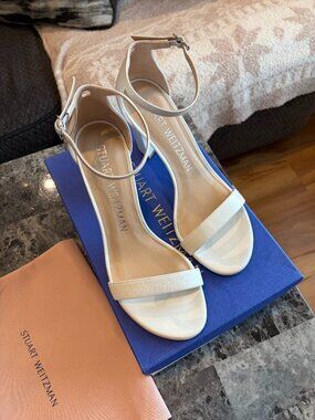 Stuart Weitzman Nearlynude Block Heel Sandal in White